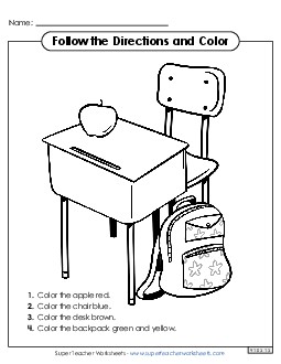 Follow the Directions and Color: Desk Picture Backtoschool Worksheet