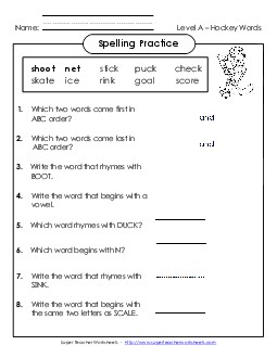 Spelling Practice (A-Hockey Words) Spelling A Worksheet