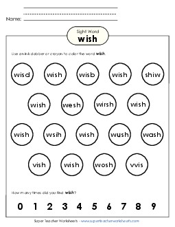 Dab or Color: Wish Sight Words Individual Worksheet