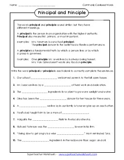 Principal and Principle  Commonly Confused Words Worksheet