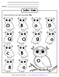 Letter O o Recognition - Owls Alphabet Worksheet