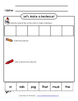 Build a Sentence: Pig in the Mud Sentences Basic Worksheet