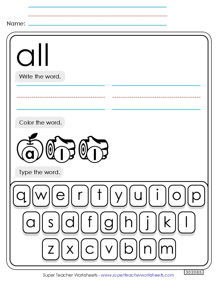 Write, Color, Type: All Sight Words Individual Worksheet