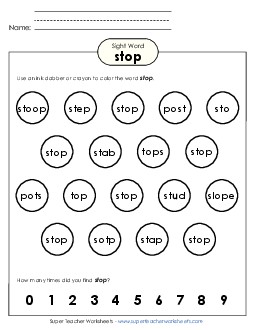 Dab or Color: Stop Sight Words Individual Worksheet