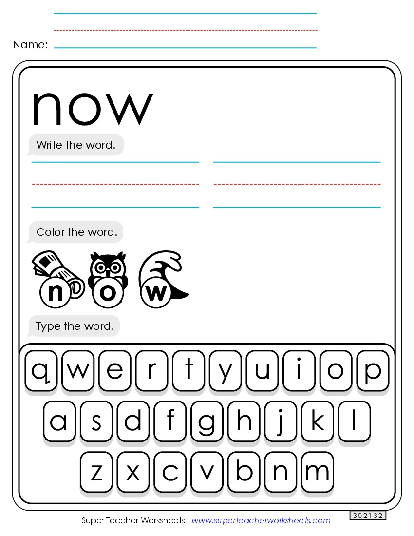 Write, Color, Type: Now Sight Words Individual Worksheet