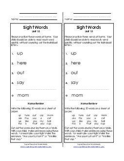 Take-Home List (Unit 10)  Sight Words Worksheet