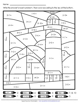 Addition Mystery Picture: Farm or Lighthouse Worksheet