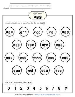 Dab or Color: Egg Sight Words Individual Worksheet