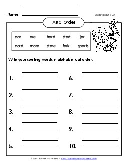 ABC Order: Write List (B-22) Spelling B Worksheet