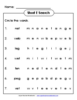 Short E: Horizontal Word Hunt Phonics Worksheet