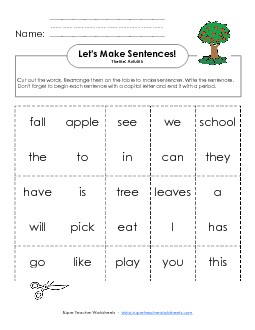 Build Sentences: Word Cards Free Sentences Basic Worksheet