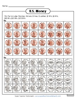 New US Money: Cut-Out Coins and Bills Spanish Worksheet