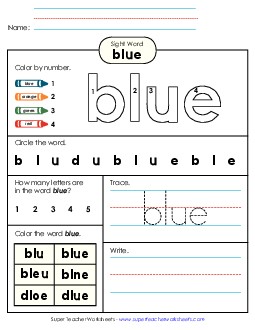 Worksheet 4: Blue Sight Words Individual Worksheet