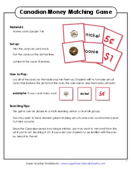 Cards: Coins & Bills Counting Money Worksheet