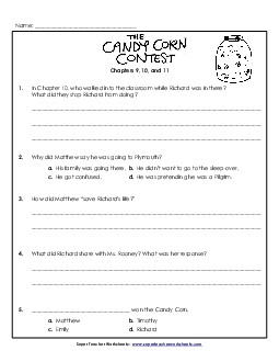 Questions for 9, 10, and 11 Book Candy Corn Contest Worksheet