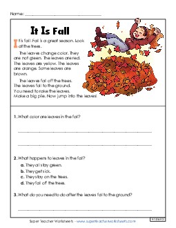 It Is Fall (Short Article) 1st Grade Reading Comprehension Reading Comp Short Worksheet