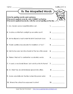 Find the Spelling Errors (C-6) Free Spelling C Worksheet