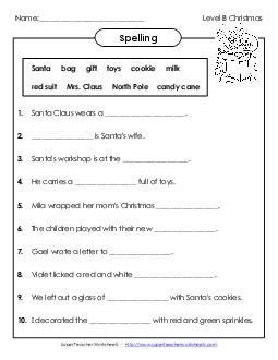 Sentence Completion (B-Christmas)  Spelling B Worksheet