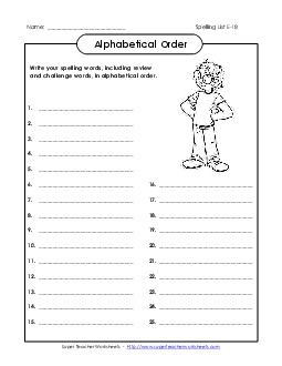 ABC Order: Write List (E-18) Spelling E Worksheet