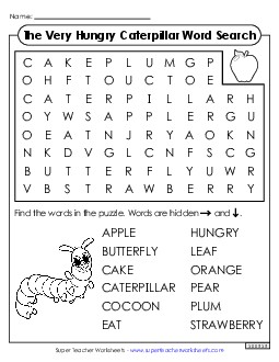 Word Search Picture Book Very Hungry Caterpillar Worksheet