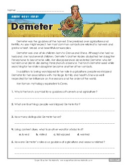 Demeter Reading Comprehension Reading Comp Short Worksheet