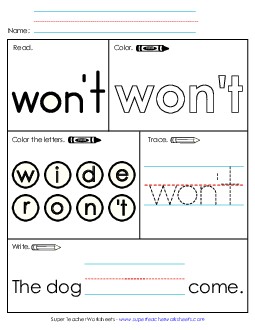 Worksheet 1: Won\'t Sight Words Individual Worksheet