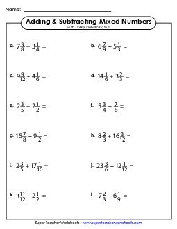 Adding and Subtraction Mixed Numbers with Unlike Denominators (Horizontal) Fractions Worksheet