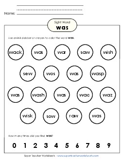 Dab or Color: Was Sight Words Individual Worksheet