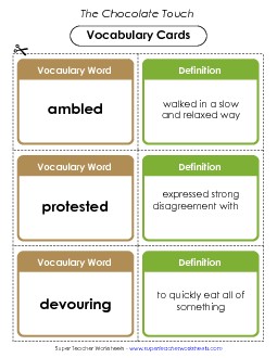 Vocabulary Cards for Chapters 3 & 4 Book Chocolate Touch Worksheet