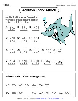 Math Riddle: Shark Attack (3-Digit Addends; No Regrouping) Addition Worksheet