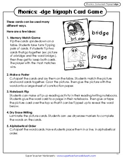 Phonics Card Game (-dge Trigraph) Phonics Trigraphs Worksheet