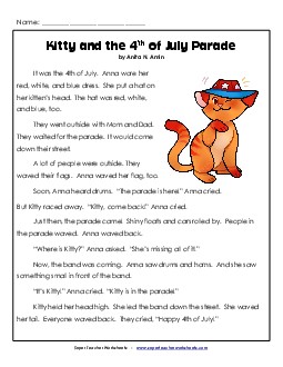 Kitty and the 4th of July Parade Reading Comprehension Worksheet