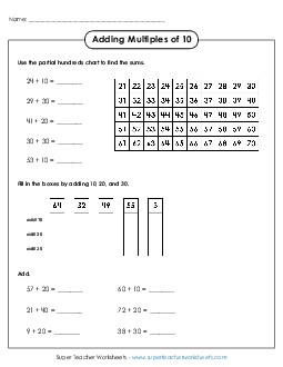 Adding Multiples of 10 (With Hundreds Chart) Addition Worksheet