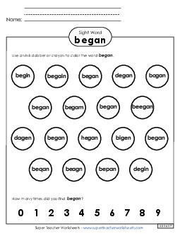 Dab or Color: Began Free Sight Words Individual Worksheet