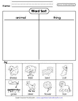 Nouns Cut & Sort (Animals & Things)  Worksheet