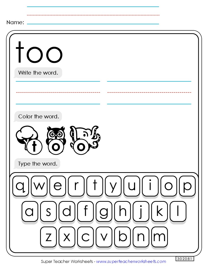 Write, Color, Type: Too Sight Words Individual Worksheet