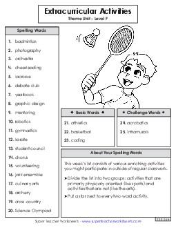 Spelling Word List (Extracurriculars) Spelling F Worksheet