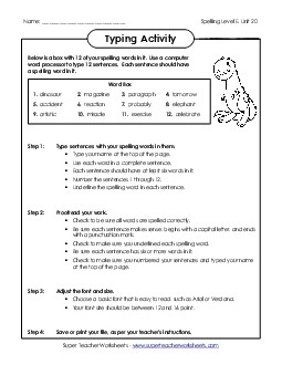 Typing Sentences (E-20) Spelling E Worksheet