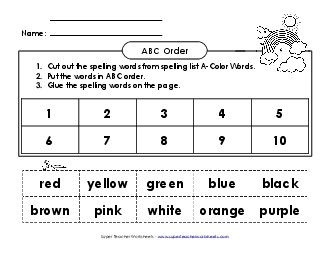 ABC Order: Cut and Glue (A-Color Words)  Spelling A Worksheet