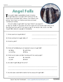 Angel Falls (Short, Nonfiction) 3rd Grade Reading Comprehension Reading Comp Short Worksheet