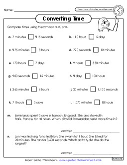 Converting Time: Days, Hours, Minutes & Seconds Greater Than, Less Than, or Equal to  Worksheet