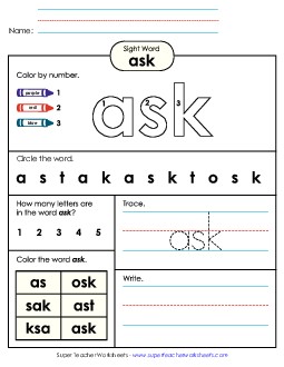 Worksheet 4: Ask Sight Words Individual Worksheet