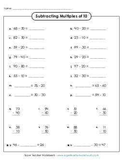 Subtracting Multiples of Ten (Vertical and Horizontal) Subtraction Worksheet