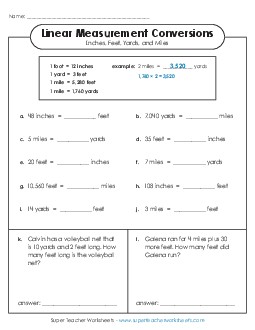 Converting Inches, Feet, Yards, and Miles (Basic) Measurement Worksheet