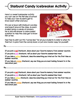 Starburst Candy Icebreaker Activity Backtoschool Worksheet