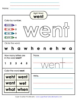 Worksheet 4: Went Sight Words Individual Worksheet