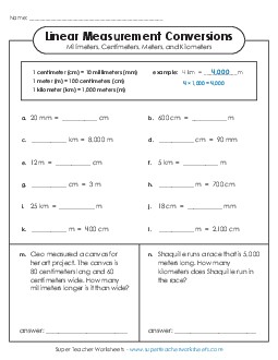 Basic Conversions (mm, cm, m, km) Measurement Worksheet