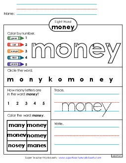 Worksheet 4: Money Sight Words Individual Worksheet