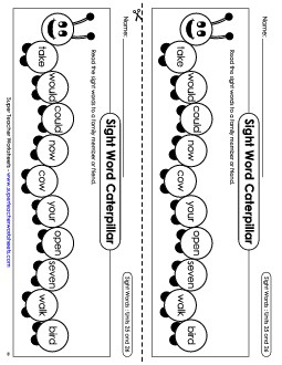 Sight Word Caterpillar: Units 25 and 26 Sight Words Worksheet