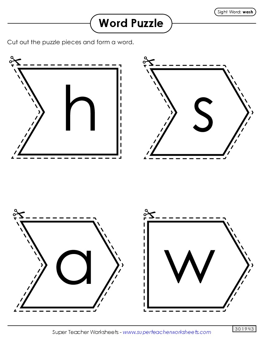 Word Puzzle: Wash Sight Words Individual Worksheet